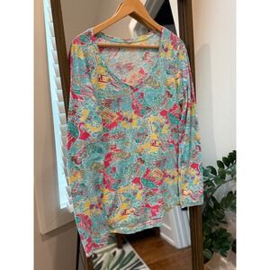 Lilly Pulitzer Long Sleeve V Neck T Shirt Women's Colorful Print Size XL Resort